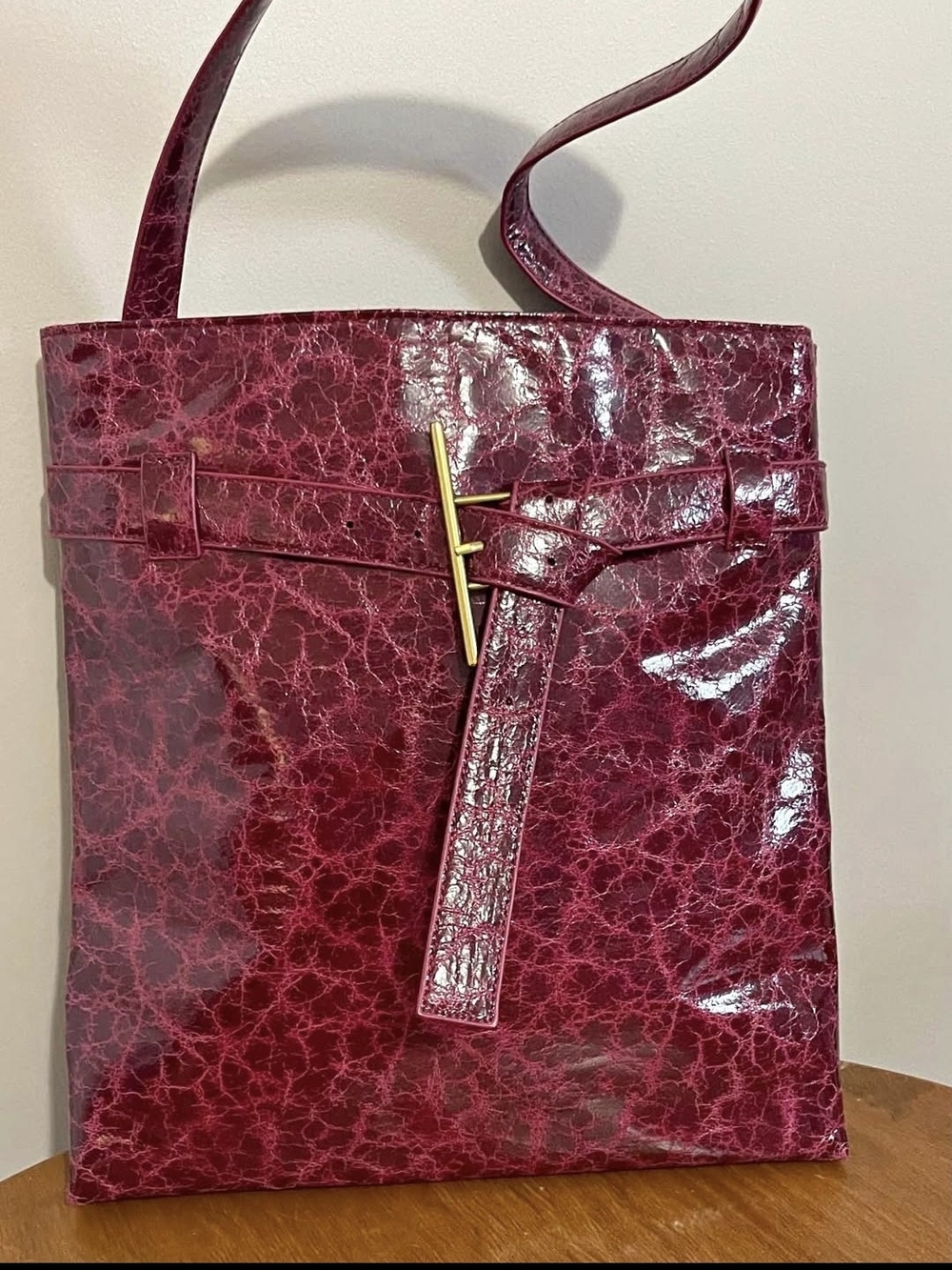 Anthropologie Glossy Marbled Shoulder Bag in Burgundy Red
